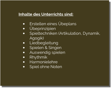 Inhalte des Unterrichts sind:  	Erstellen eines beplans 	beprinzipien 	Spieltechniken (Artikulation, Dynamik,  	Agogik) 	Liedbegleitung 	Spielen & Singen 	Auswendig spielen 	Rhythmik 	Harmonielehre 	Spiel ohne Noten