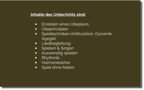 Inhalte des Unterrichts sind:  	Erstellen eines beplans 	beprinzipien 	Spieltechniken (Artikulation, Dynamik,  	Agogik) 	Liedbegleitung 	Spielen & Singen 	Auswendig spielen 	Rhythmik 	Harmonielehre 	Spiel ohne Noten